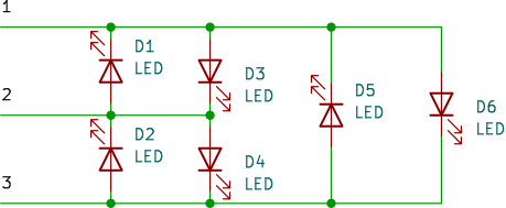 Six LEDs connected back to back to three ports