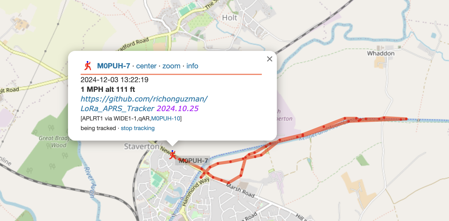 A screenshot of a section of a map from aprs.fi. The map shows a short route along a canal, tracking M0PUH-7 on the 3rd December 2024.