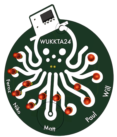 Round PCB with a picture of an octopus in a top hat. There are 12 LEDs around the arms.